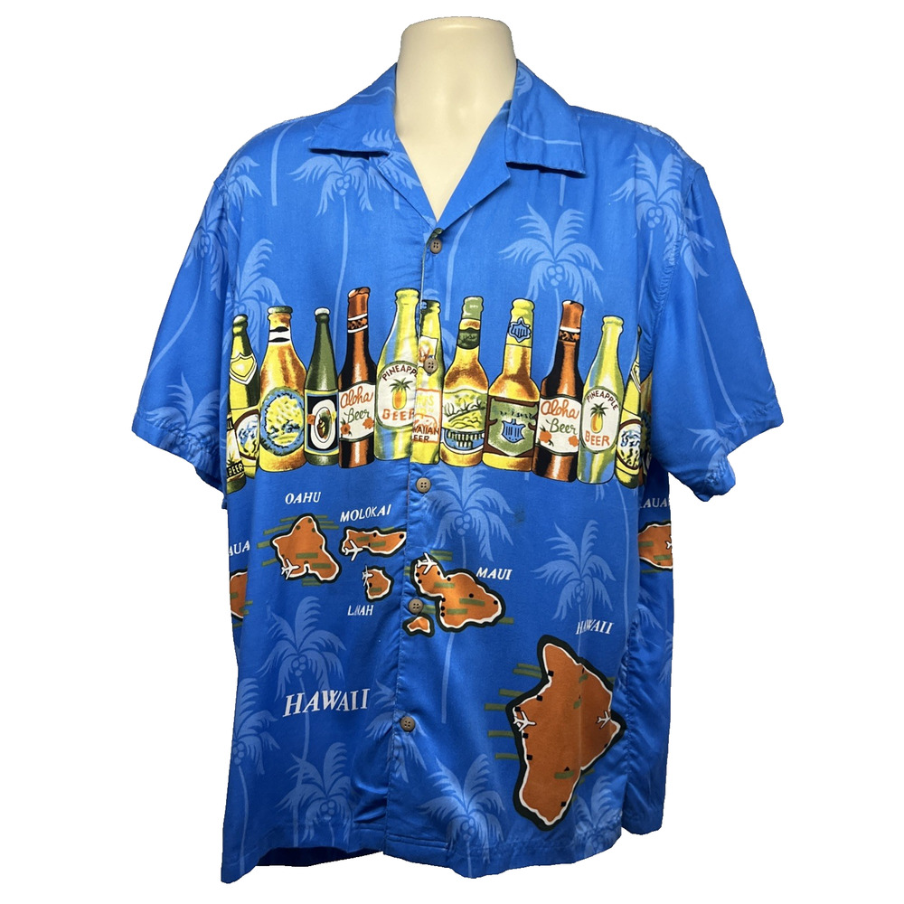 Vintage Thums Up Blue Hawaiian Islands Button Up Shirt Mens Medium Beer Tropical